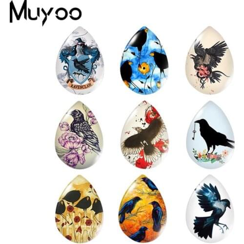 2019 New Raven In The Flowers Tear Drop Glass Dome Cabochon Black Bird Art Cabochons Photo Handmade Jewelry