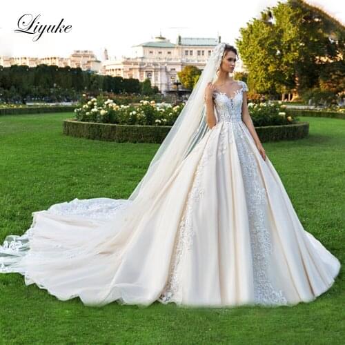 Liyuke Champagne Color Ball Gown Wedding Dress With Elegant Satin And Lace Beading Sewing Buttons Wedding Gown