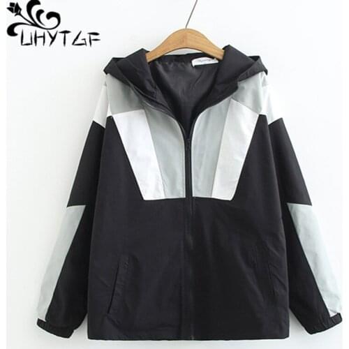 UHYTGF Loose plus size coat womens fashion hooded stitching casual spring coat jacket female long sleeve bomber jacket women 993