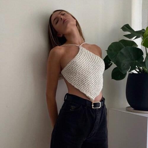 Bohemian Fashion Bandage Tie Up Halter Knitted Crop Tops Women Sexy Club Backless 2021 Beachwear Summer Y2k Cropped Feminino Top