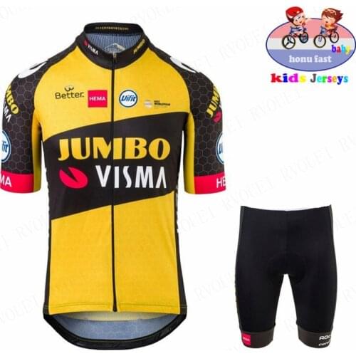 Jumbo Visma 2021 Kid Cycling Jersey Set Breathable Shorts Fluorescent Green Children Bike Clothing Boy Girls Summer Bicycle Wear