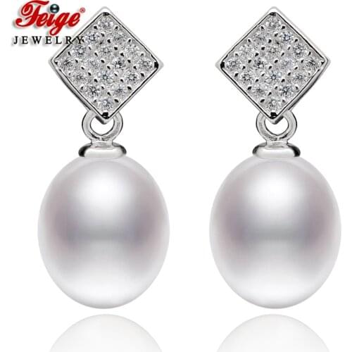 Trendy Square 925 Sterling Silver White Natural Ellipse Freshwater Pearl Stud Earrings for Women Party Jewelry Wholesale FEIGE