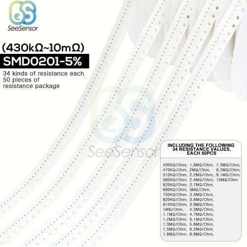 0 ohm-10M ohm 1700pcs 0201 SMD Resistor Kit Assorted Kit 5% 34valuesX 50pcs=1700pcs Sample Kit