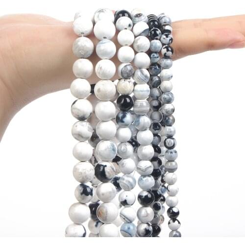 Natural Stone Beads Smooth Black White Fire Agates Round Loose Spacer Beads for Jewelry Making Needlework Bracelets Necklace DIY