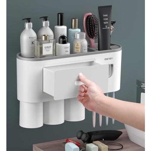 Bathroom Toothbrush Rack Holder with Drawer Toothpaste Squeezer Cups Bathroom Storage Rack Wall Mount Toothpaste Squeezer