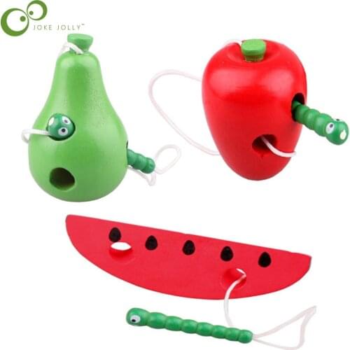 Kids Montessori Educational Toys Fun Thread Wooden Toy Shape Cognize Worm Eat Fruit Apple Pear Early Learning Teaching Toy ZXH