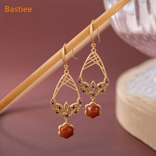 Bastiee Korean Earrings Earrings Silver 925 Jewelry For Women Red Agate Golden Plated Long Earrings Vintage