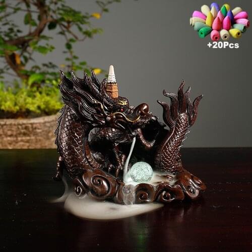 Handmade Craft Decorations Resin Imitation Wood Carving Chinese Dragon Buddha Incense Burner With Led Light Home Lucky Feng Shui