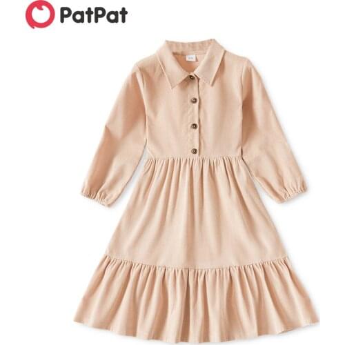 PatPat Kid Girl Lapel Collar Button Design Long-sleeve Solid Tiered Dress