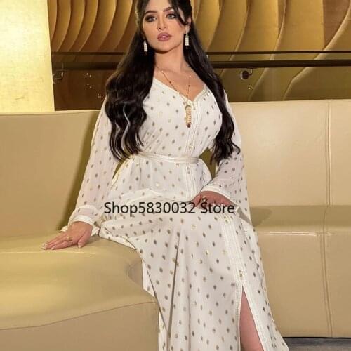 Muslim Fashion Two Pieces Dress Set For Women Ramadan Eid Jalabiya White Dot Gold Stamp Dubai Arabic Moroccan Kaftan Clothing