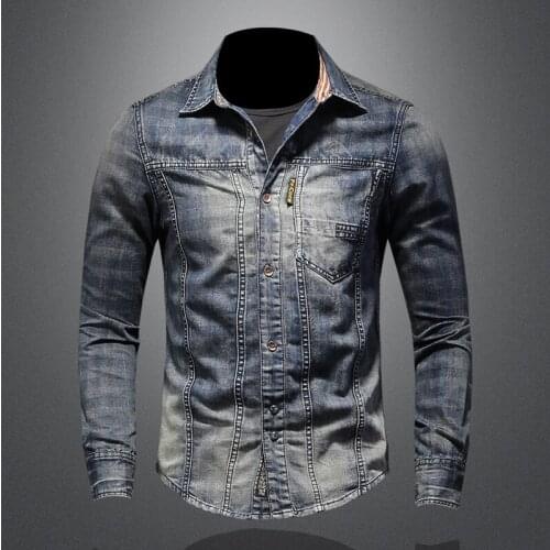 2021 Spring and Autumn New High Quality Mens Checkered Printed Single-breasted Slim Retro Long-sleeved Mens Denim Shirts