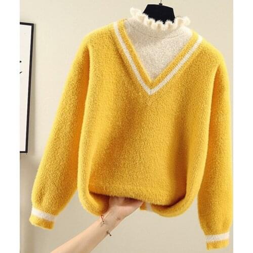 Autumn Winter Women Sweaters Knit Pullover New Imitation Water Velvet Half Turtleneck Sweater Fake Two-piece Sweater Female Tops