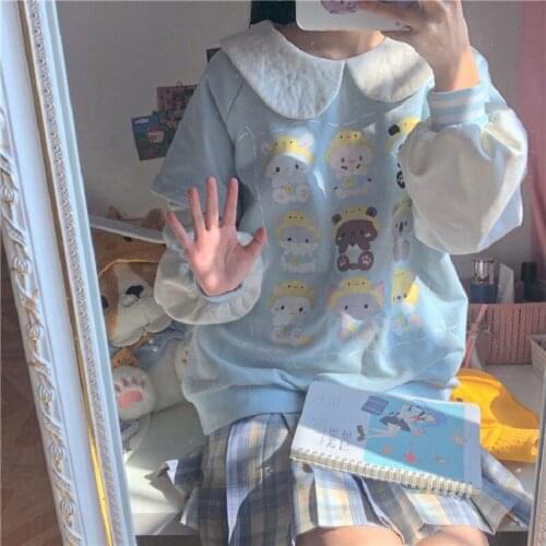 Autumn cute cartoon printed Japanese JK sweatshirt female preppy style sweet doll collar fake two-piece blouse Harajuku kawaii