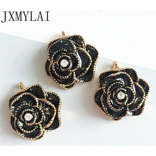 20 PCS 22*23mm Fashion Metal Alloy KC Gold Drops Of Glaze Enamel Black Flowers Pendant Charms Connectors For Jewelry Making
