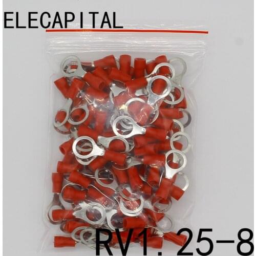 RV1.25-8 Red Circular 22-16 AWG 0.5-1.5mm2 Insulated Ring Terminal Connector Cable Wire Connector 100PCS/Pack RV1-8 RV