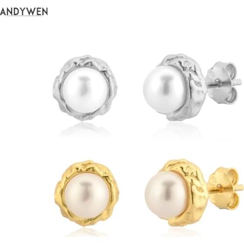 ANDYWEN 925 Sterling Silver Gold Pearl Stud Earring Fashion Crystal Luxury Jewelry Rock Punk Fashion Jewels 2020 Clips Tiny
