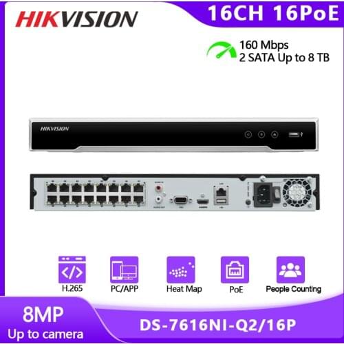Hikvision DS-7616NI-Q2/16P 16-Channel 4K UHD NVR H.265+ 8MP 16 POE Compatible With Third-party IP Cameras Embedded Plug & Play