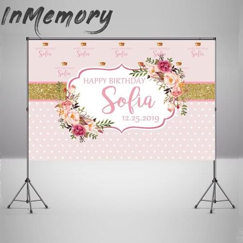 Photography Backdrop Pink Flower Gold Glitter Polka Dots Girl Happy Birthday Backgrounds Photo Studio Photocall Vinyl