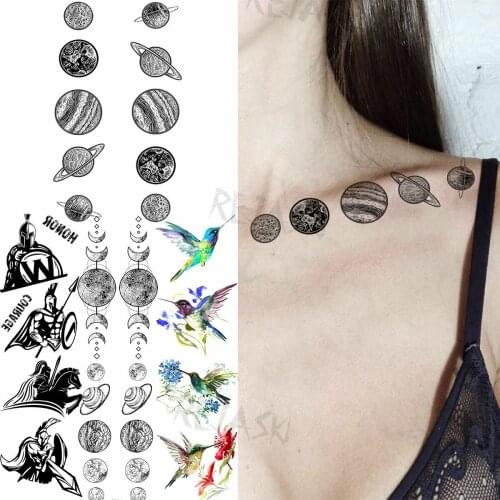 Black Little Planet Universe Temporary Tattoos For Women Adult Space Hummingbird Realistic Fake Tattoo Body Art Washable Tatoo