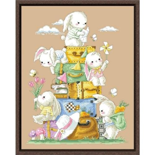 Rabbits' journey cross stitch package cute bunney 18ct 14ct 11ct flaxen linen cotton thread embroidery DIY handmade needlework