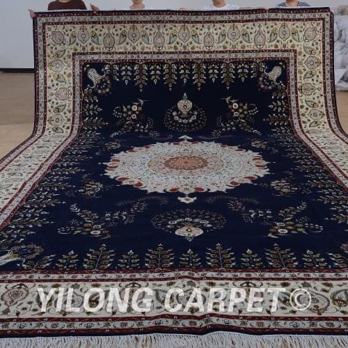 Yilong 11'x15' Oriental wool rug black and beige exquisite wool silk persian thick carpet (1513)