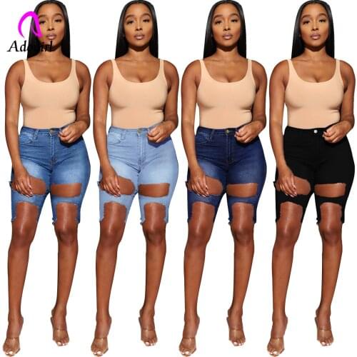 Ripped Hole Women Denim Shorts Solid High Waist Zipper Fly Jeans 2021 Summer Sexy Club Party Trousers Workout Active Cargo Pants