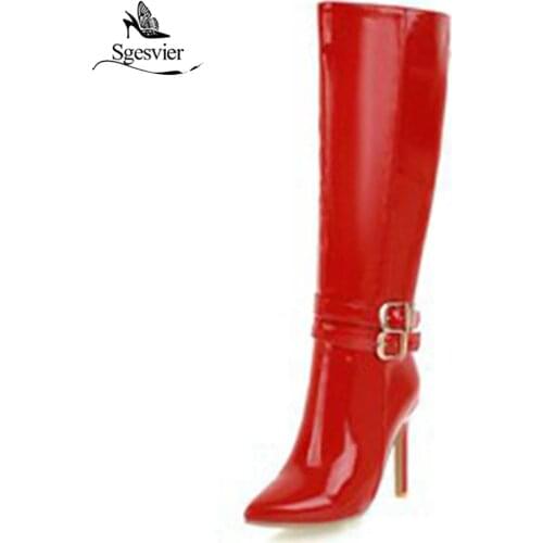 Sgesvier Women Knee High Stiletto Boots Sexy Knight Boots Women Boots Red Black Patent Leather Pointed Toe Zapatos Mujer OX927