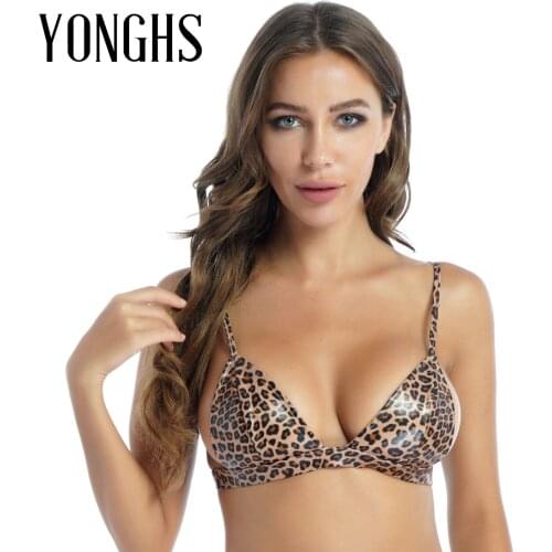 Womens Leopard Print Faux Leather Unlined Wireless Bra Underwear Adjustable Spaghetti Strap Swimsuit Bikini Top