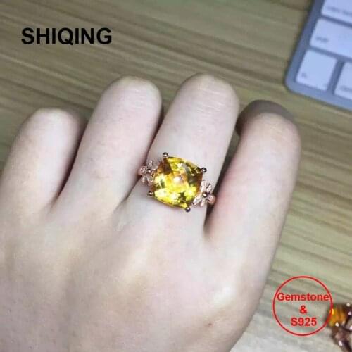 SHIQING Big nature citrine yellow topaz unique square honeycomb shaped luxury butterfly 925 sterling silver ring for women