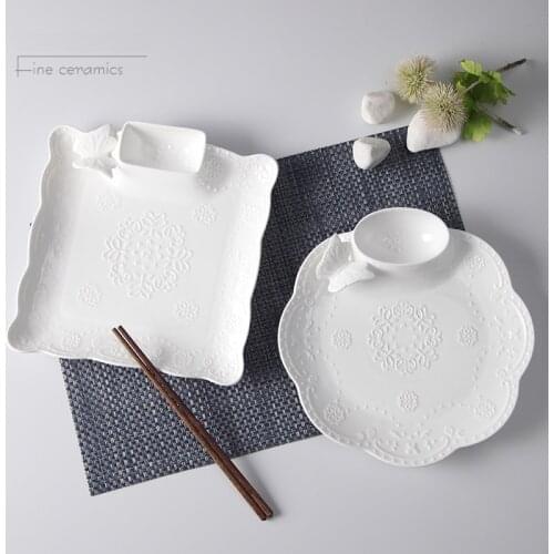 10inch, white embossed porcelain party plates for snack, ceramic plate cake with sauce, serving plates party, potato chip tray