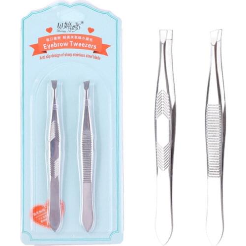 2Pcs/Set Eyebrow Face Hair Removal Clip Stainless Steel Silver Eyelash Extension Tweezers Flat + Slant Tip Makeup Tools