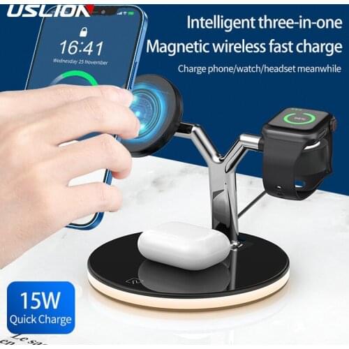 3 in 1 Magnetic 15W wireless charging phone fast charger station for iphone 12pro Wireless charger stand for Apple Watch Airpods