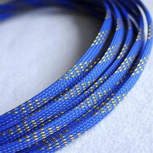 5/10/50/200 Meters Blue & Golden High quality 4mm Braid PET Expandable Sleeving High Density Sheathing Plaited Cable Sleeves