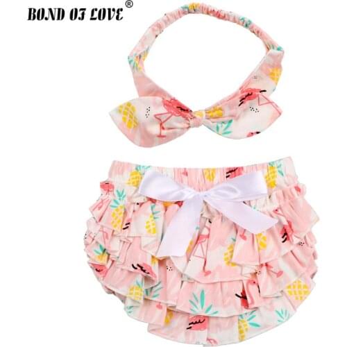 Baby bloomers and Headband Flamingo pattern Bow 100% cotton bloomers ruffle clothes diaper cover baby boy girls shorts