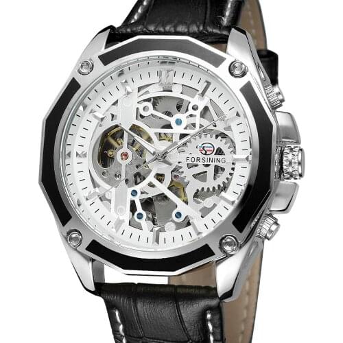 FORSINING Fashion trend cool white dial silver case black strap men and women watch automatic mechanical watch