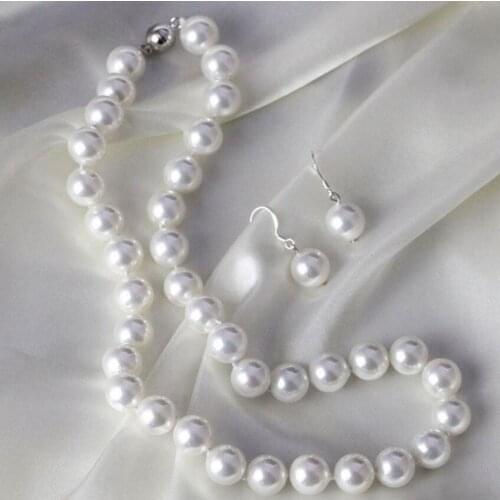 Hot sale new Style Genuine 10mm White shell Pearl 925 Earrings & Necklace Wedding Jewelry New