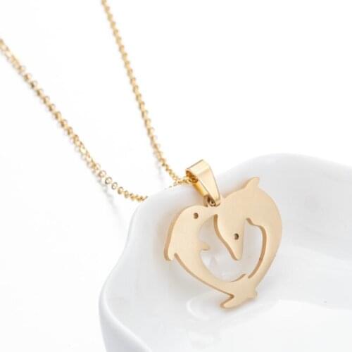 Jisensp Unique Heart Shape Dolphin Pendant Necklaces for Women Double Dolphins Stainless Steel Necklace Fashion Jewelry Gift