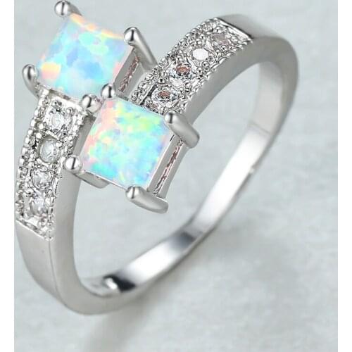 Cute Female White Opal Stone Ring Charm Silver Color Thin Engagement Ring Vintage Bridal Square Wedding Rings For Women