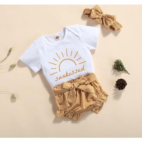 Baby Summer Clothing 3PCS Newborn Baby Girls Boys Clothes Letter Short Sleeve Romper Tops Stripe Shorts Headband Outfit