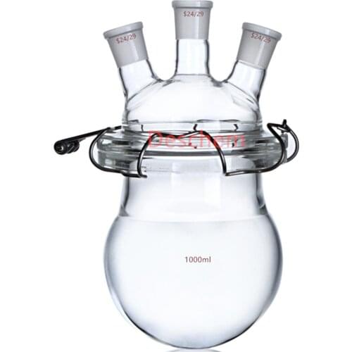 1000ml,24/29 Glass Reaction Vessel,1L,3-Necks Lab Reactor With Lid & Steel Clamp