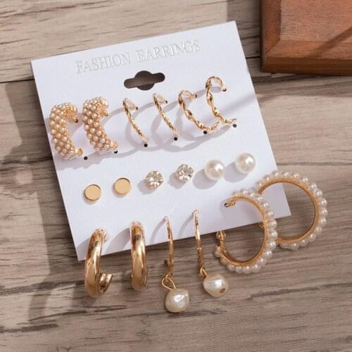Fashion Statement Round Pearl Earrings Sets For Women Gold Metal Hanging Earrings 2021 Trend Party Crystal Stud Modern Jewelry
