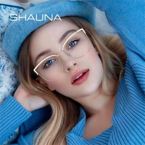 SHAUNA Retro Metal Cat Eye Women Glasses Frame Clear Anti Blue Light Eyewear Spring Hinge Men Optical Frame Computer Goggles