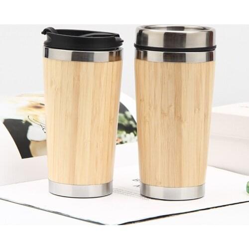 Wholesale 450ml Bamboo Water Bottles Stainless Steel Tumbler Double Wall Vacuum Insulated Car Travel Mugs Coffee Cup For Office