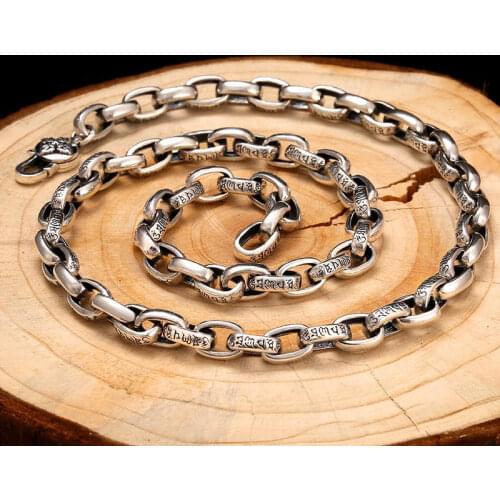 New Six-character Mantra Boys Necklace Silver Long Vajra Chinese Style Personality Trendy Mens Retro Jewelry Accessories