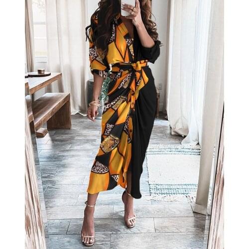 Summer Irregular Shirt Dress Women Fashion Commuter Long-sleeved Button Belt Printing Irregular Shirt Dress Women