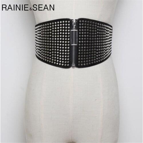 RAINIE SEAN Belts Cummerbunds For Women Punk Elastic Rivet Extra Wide Ladies Belt Waist Belt Black Leather Corsets