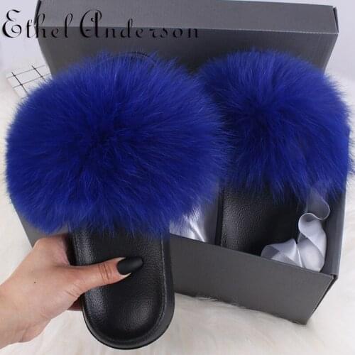 2020 New Summer Fashion Women Slippers Fur Slides Real Fox Fur Slipper Indoor Beautiful Flip Flops Girl Real Fox Slippers Furry