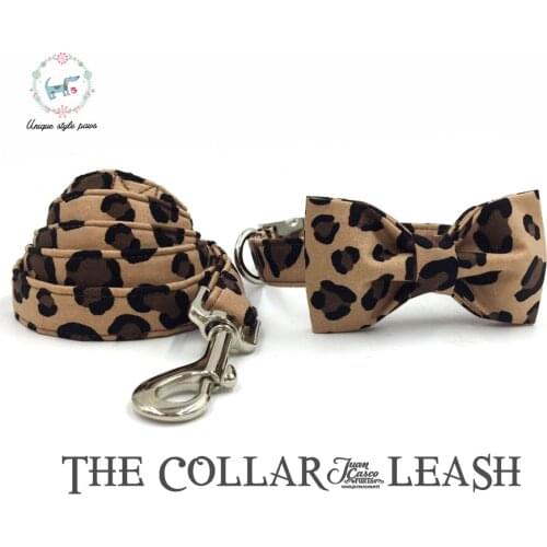 Unique Style Paws Leopard Print Dog Collar and Lead Set with Bow Tie Cotton Dog &Cat Necklace and Dog Leash