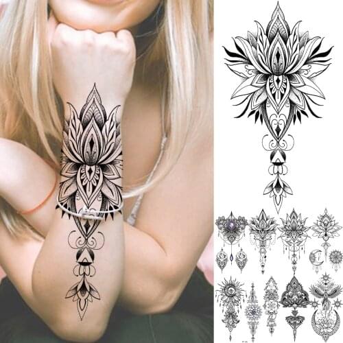 DIY Lotus Pendant Temporary Tattoos For Women Men Realistic Fake Jewelry Moon Mandala Flower Tatoos Waterproof Tattoo Stickers