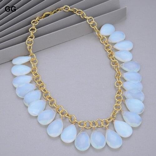 18'' 18*25 Water Drop top-drilled Faceted White Opal Crystal Yellow Golden Chain Pendant Necklace
